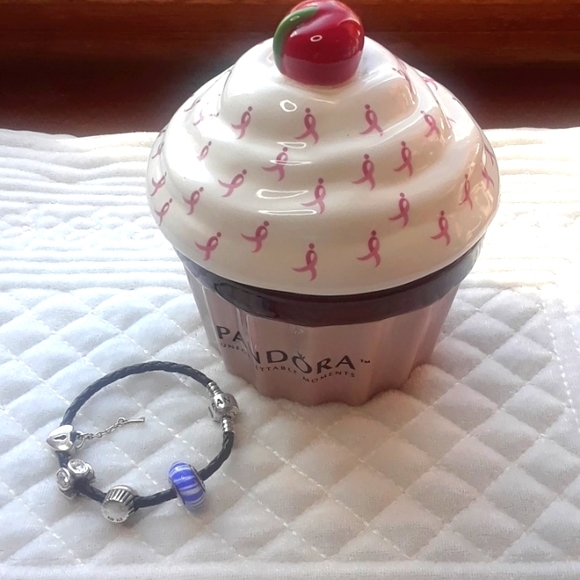 Pandora Jewelry - Pandora Clasp Black Leather Bracelet with 3 Pandora 925 Charms & Jewelry Holder